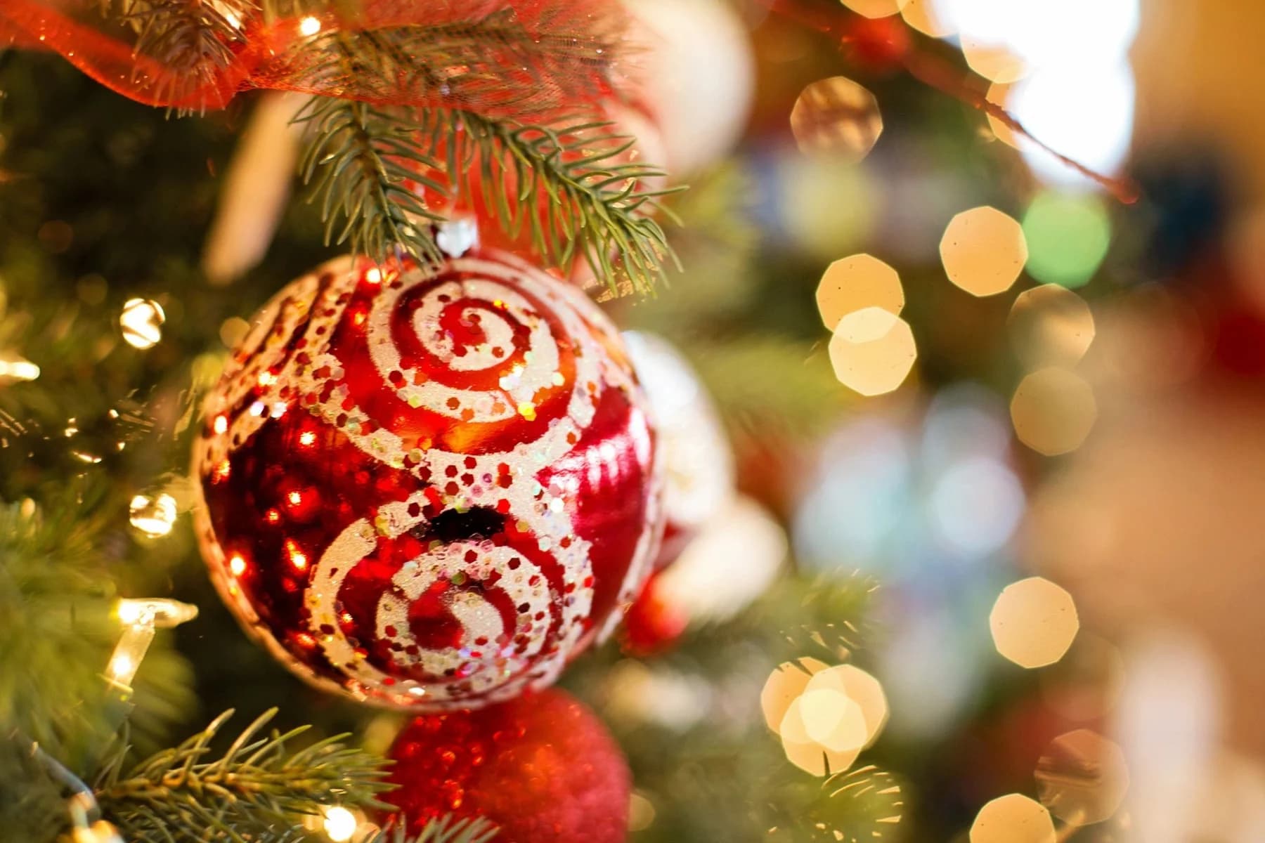 A red ornament hanging on a Christmas tree.