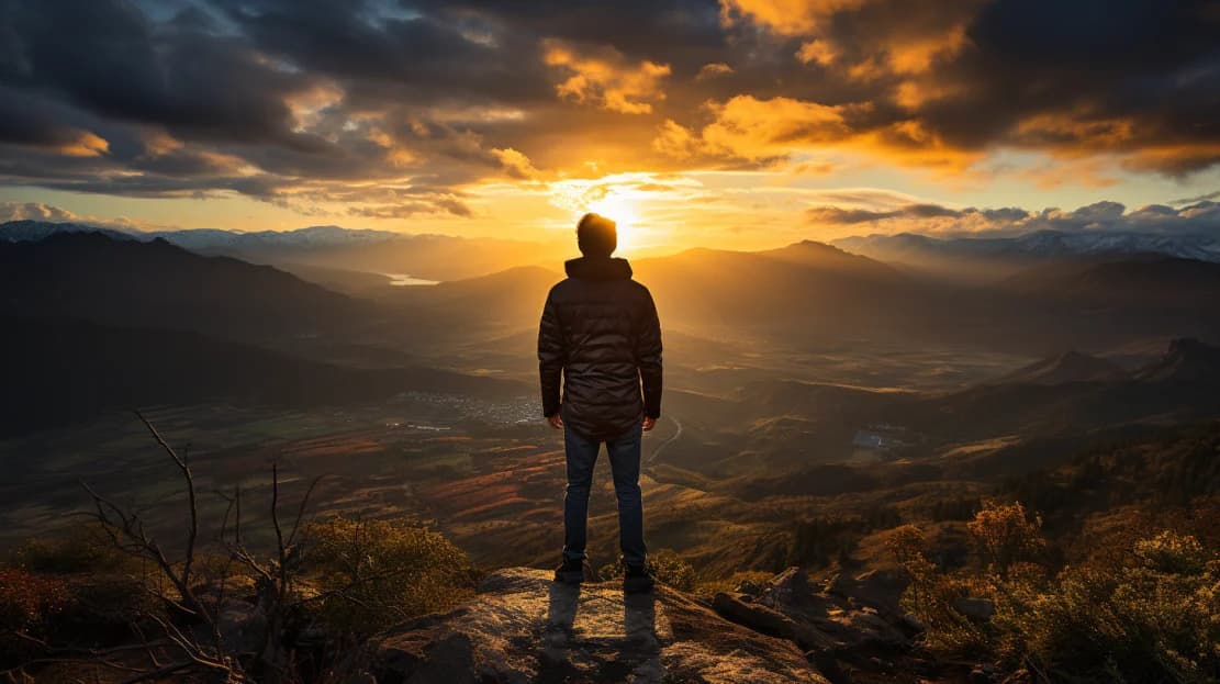 A person standing above a valley at sunset.