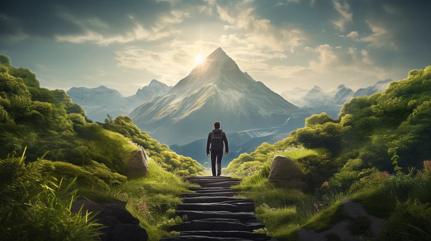 A person approaching a mountain along a stone path.