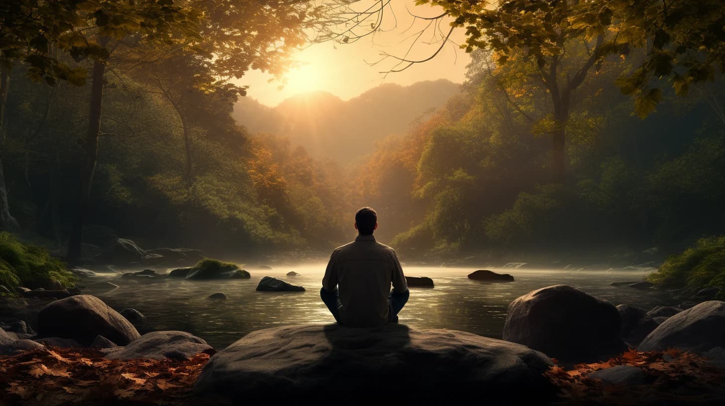 A person meditating beside a river in a forest.