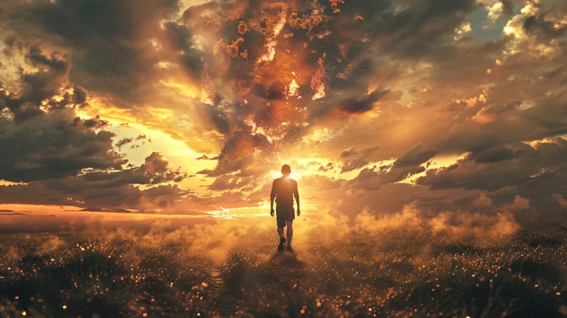 A person looking toward a dramatic, sunlit horizon.