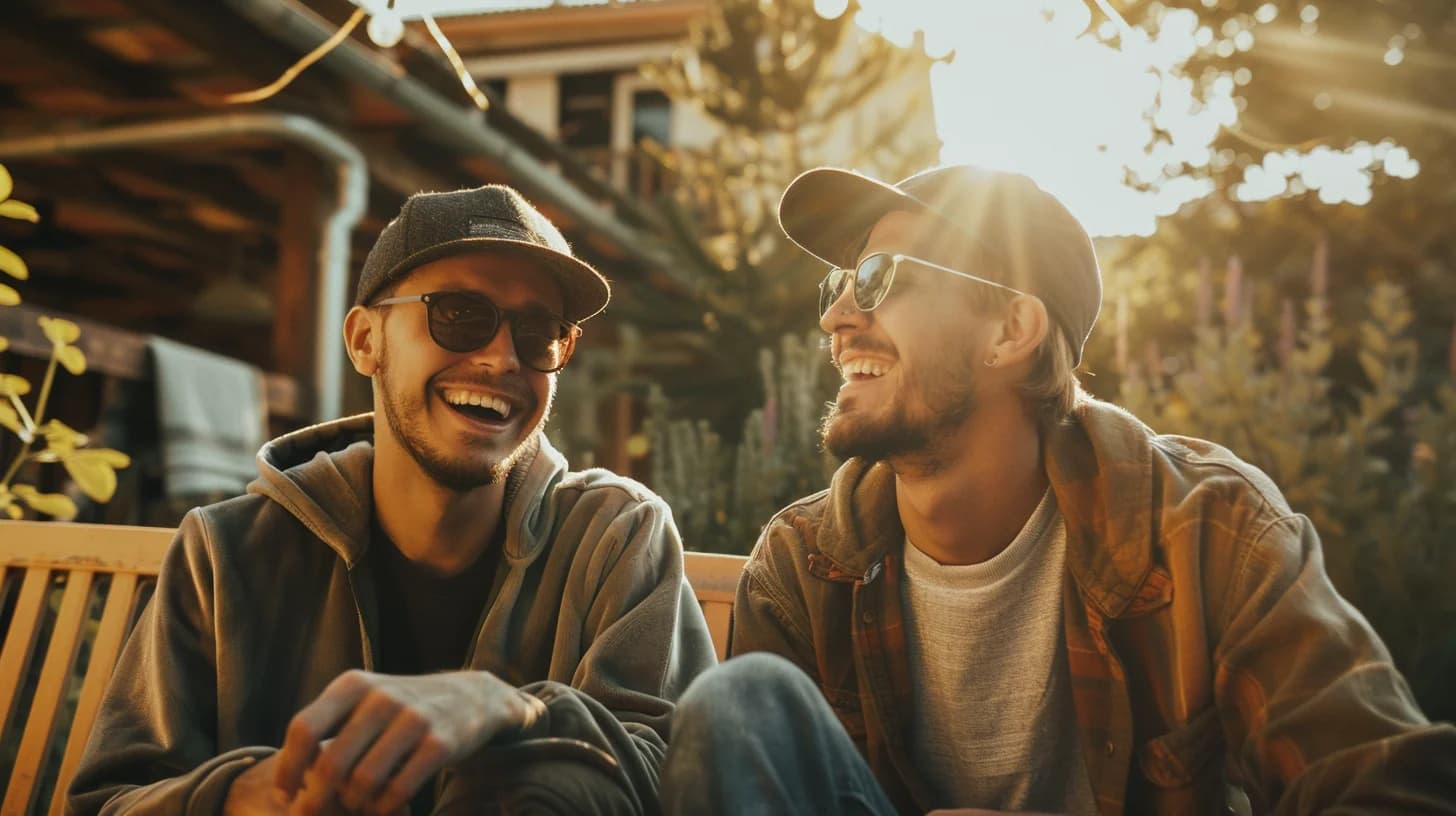 Two men laughing together outdoors.