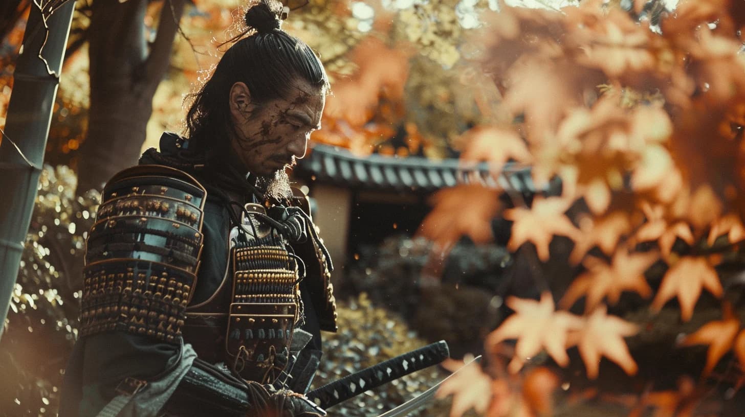 A warrior in armor seated beneath autumn leaves.