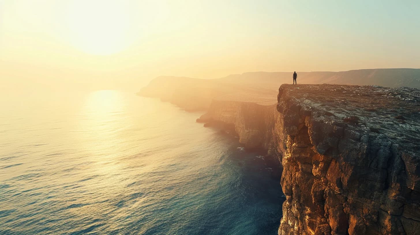 A lone person standing on a coastal cliff at sunset.