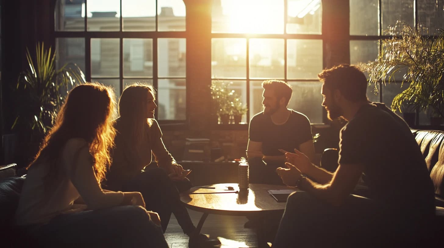 A small group talking around a table in warm afternoon light.