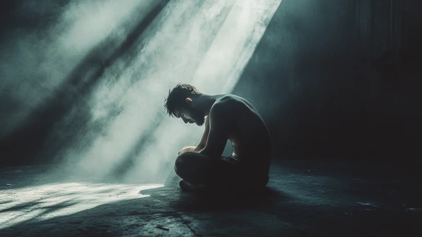 A seated person beneath a shaft of light in a dark space.