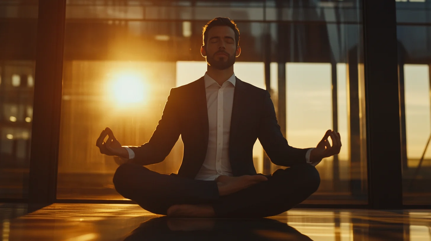 A person sitting cross-legged in a sunlit room.