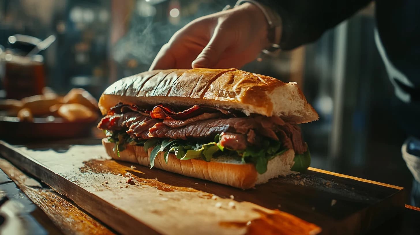 A sandwich being prepared on a wooden board.