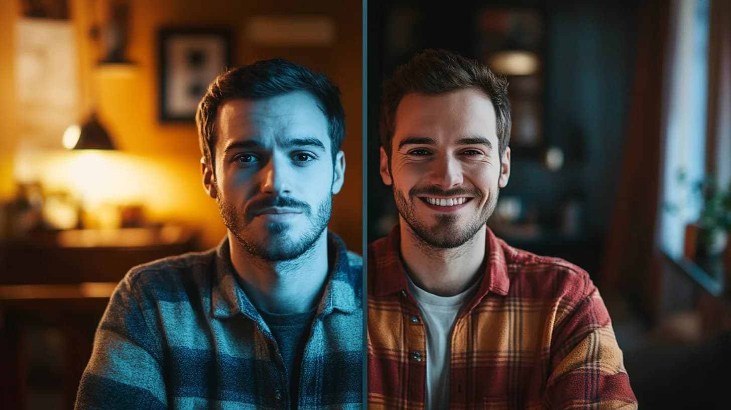 Two portraits of a man, one serious and one smiling.