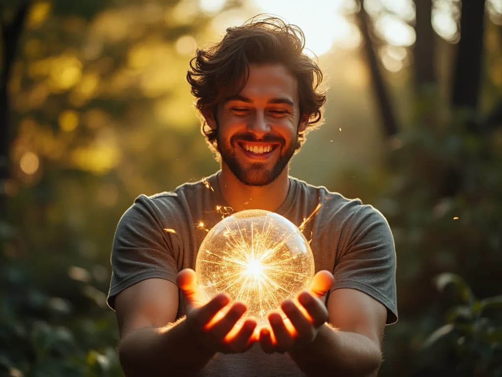 A smiling man holding a glowing sphere in his hands.