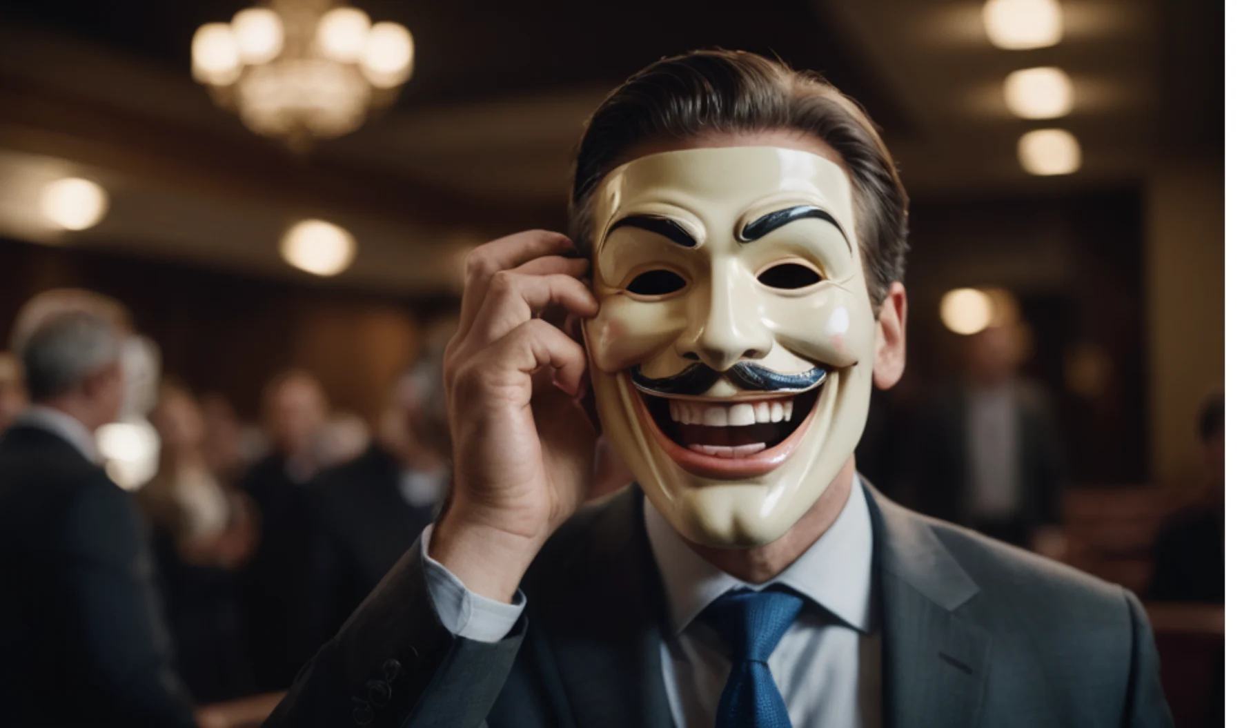 A man holding a smiling mask in front of his face.