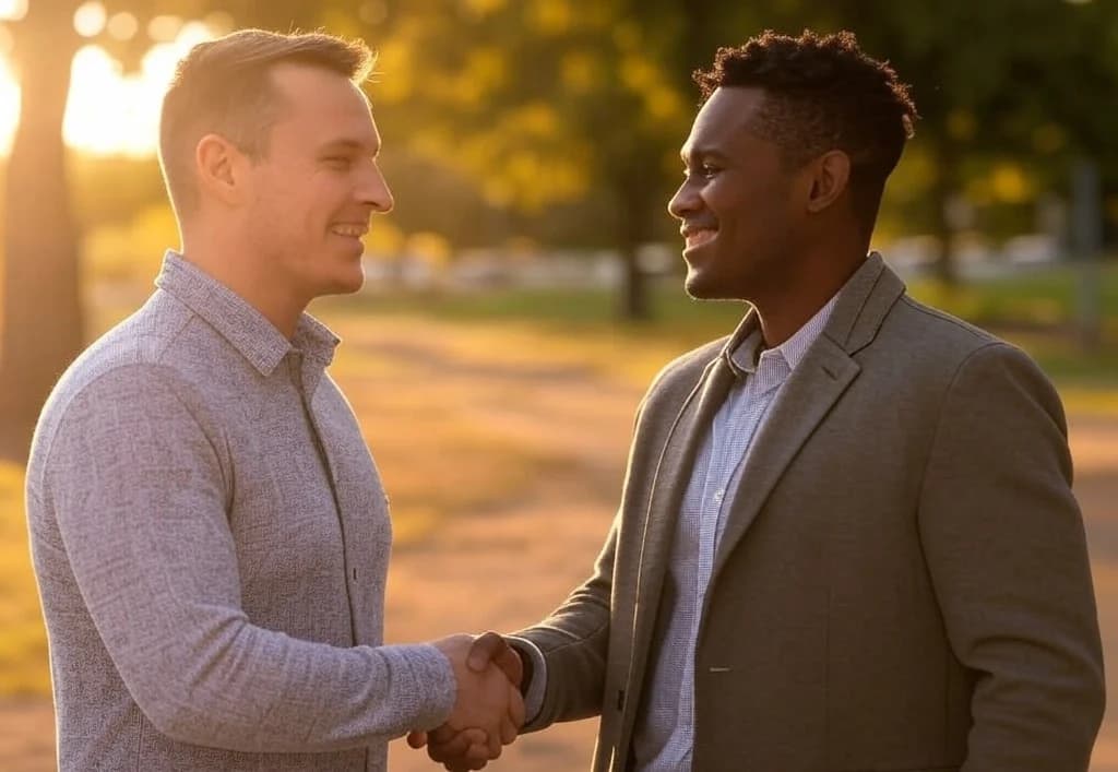 Two men smiling and shaking hands outdoors.
