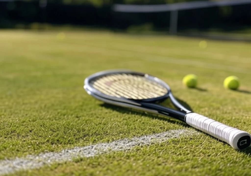 A tennis racket and balls lying on a grass court.