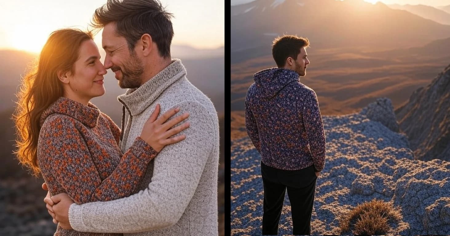 A couple embracing alongside a separate image of a person overlooking the coast.