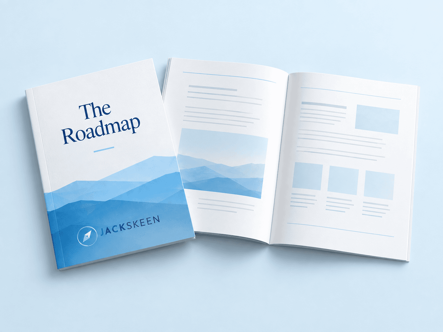 Illustrative concept for The Roadmap report, showing a blue and white cover and open pages